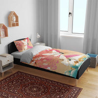 Hawaiian and Japanese Culture Together Bedding Set Kakau Art Tattoo with Cranes and Sakura Spring Vibe - Polynesian Pride