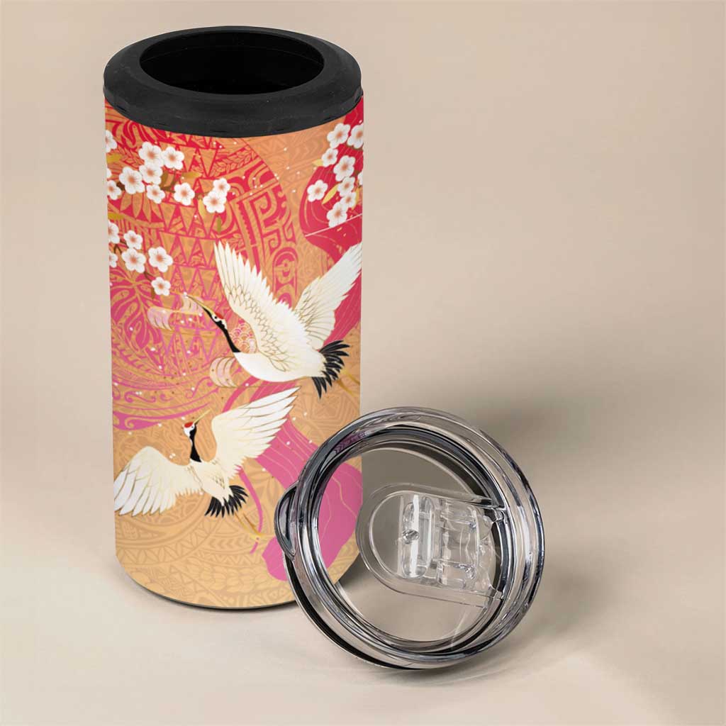 Hawaiian and Japanese Culture Together 4 in 1 Can Cooler Tumbler Kakau Art Tattoo with Cranes and Sakura Spring Vibe LT03 - Polynesian Pride