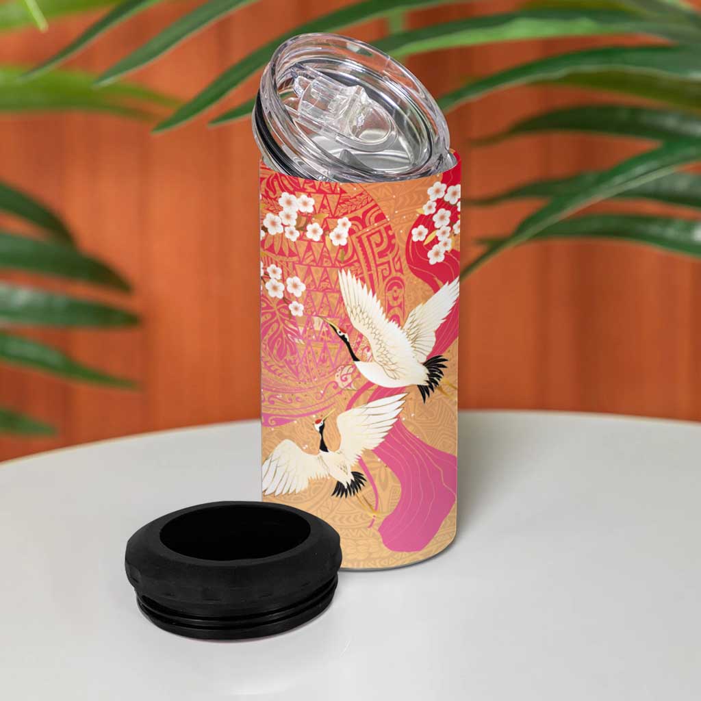 Hawaiian and Japanese Culture Together 4 in 1 Can Cooler Tumbler Kakau Art Tattoo with Cranes and Sakura Spring Vibe LT03 - Polynesian Pride