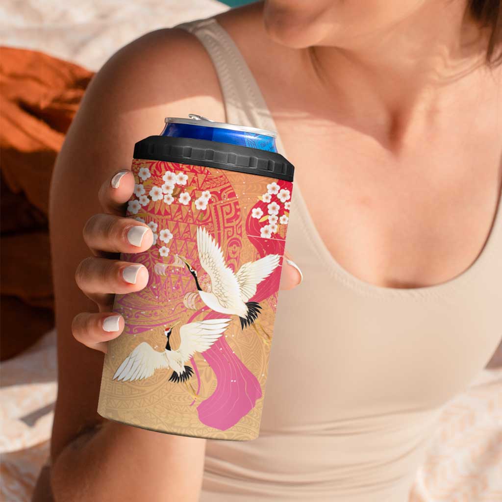 Hawaiian and Japanese Culture Together 4 in 1 Can Cooler Tumbler Kakau Art Tattoo with Cranes and Sakura Spring Vibe LT03 - Polynesian Pride