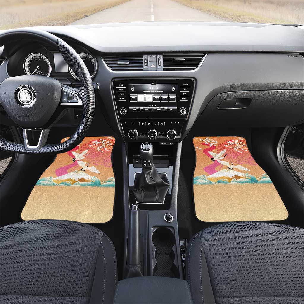Hawaiian and Japanese Culture Together Car Mats Kakau Art Tattoo with Cranes and Sakura Spring Vibe - Polynesian Pride