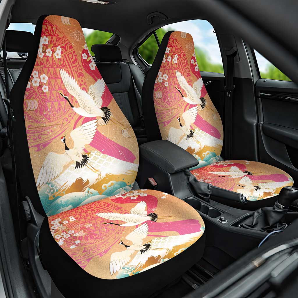 Hawaiian and Japanese Culture Together Car Seat Cover Kakau Art Tattoo with Cranes and Sakura Spring Vibe LT03 One Size Multicolor - Polynesian Pride