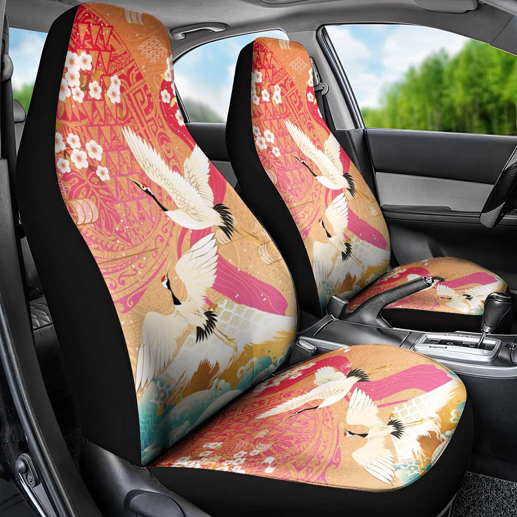Hawaiian and Japanese Culture Together Car Seat Cover Kakau Art Tattoo with Cranes and Sakura Spring Vibe LT03 - Polynesian Pride