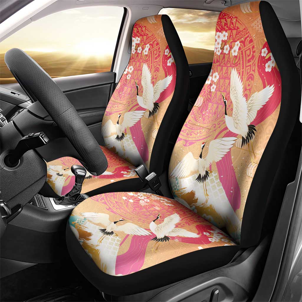 Hawaiian and Japanese Culture Together Car Seat Cover Kakau Art Tattoo with Cranes and Sakura Spring Vibe LT03 - Polynesian Pride
