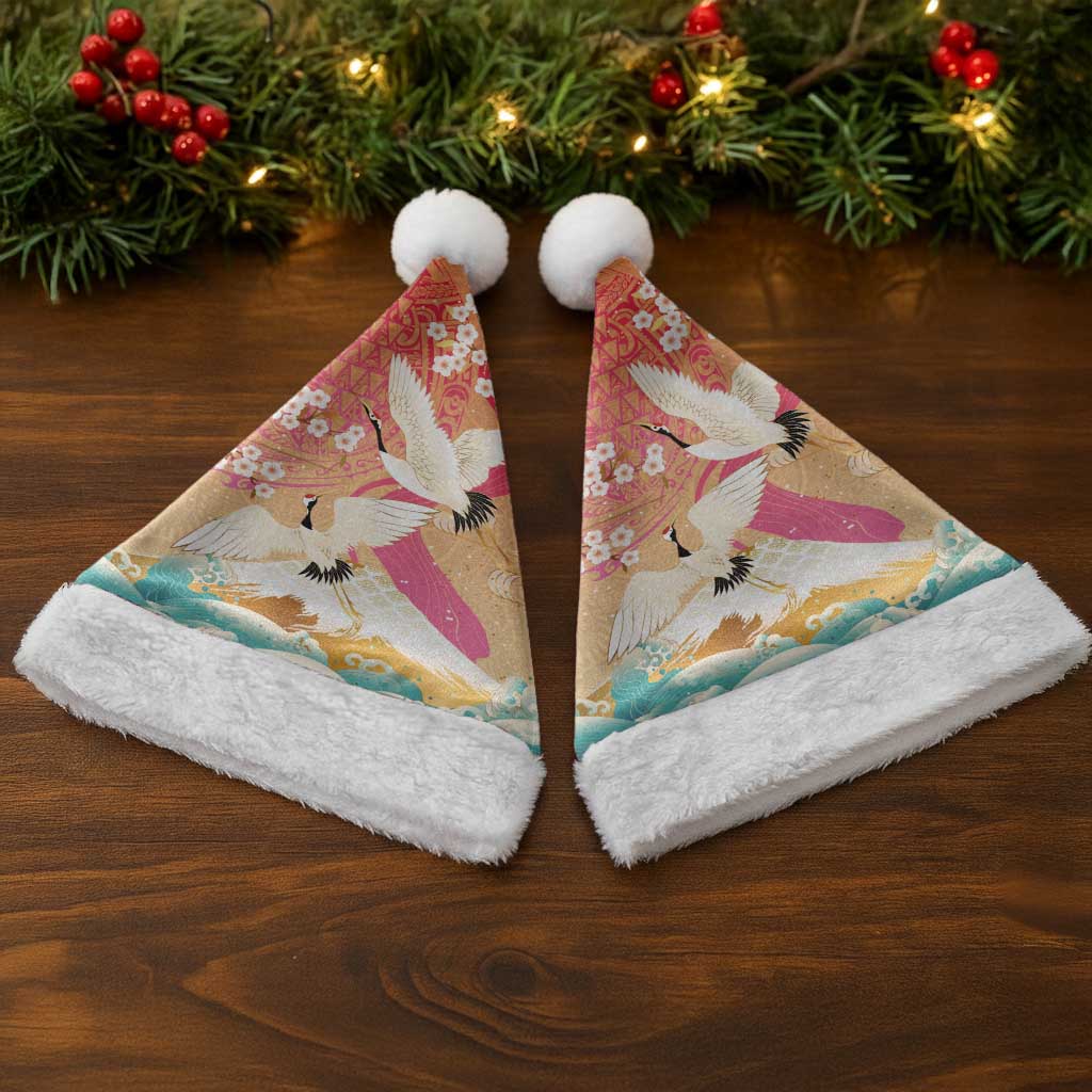 Hawaiian and Japanese Culture Together Christmas Santa Hat Kakau Art Tattoo with Cranes and Sakura Spring Vibe LT03 - Polynesian Pride