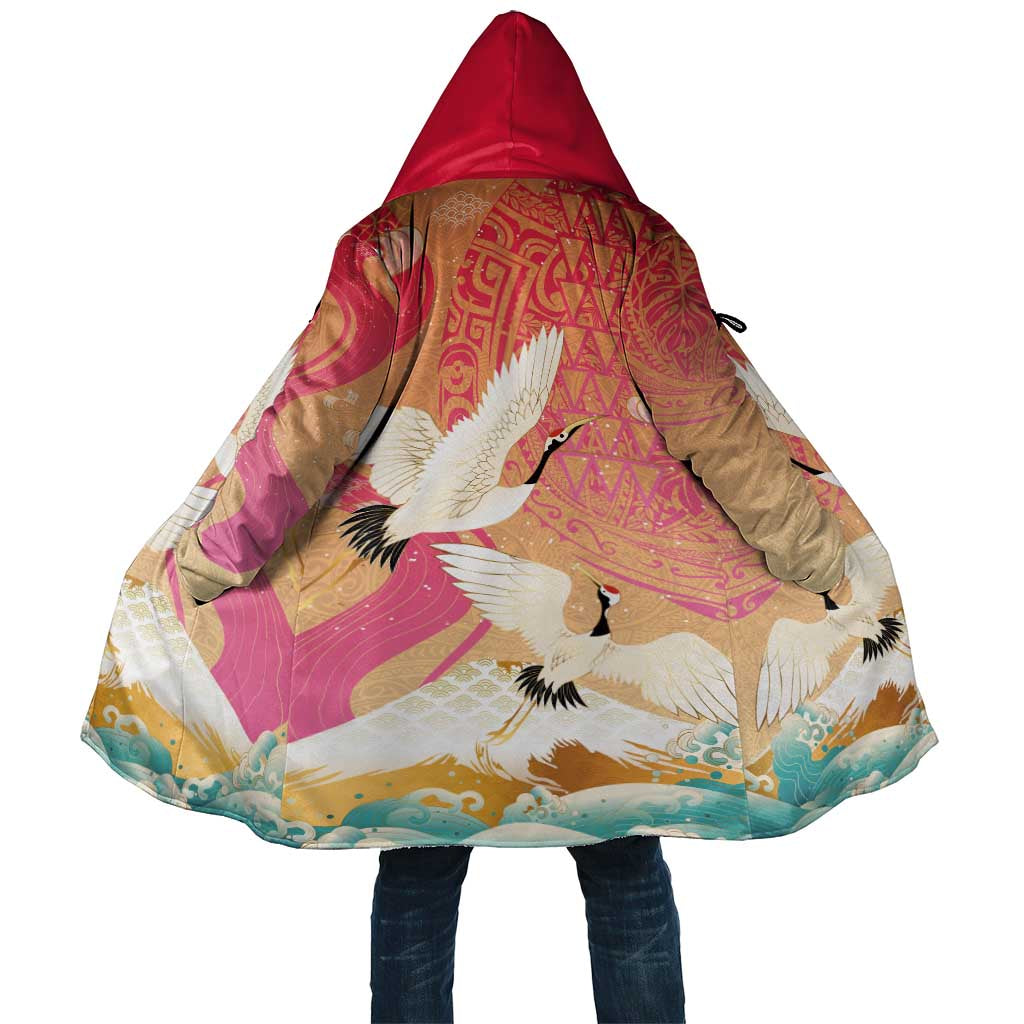 Hawaiian and Japanese Culture Together Cloak Kakau Art Tattoo with Cranes and Sakura Spring Vibe - Polynesian Pride