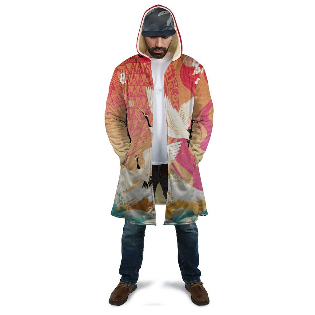 Hawaiian and Japanese Culture Together Cloak Kakau Art Tattoo with Cranes and Sakura Spring Vibe - Polynesian Pride