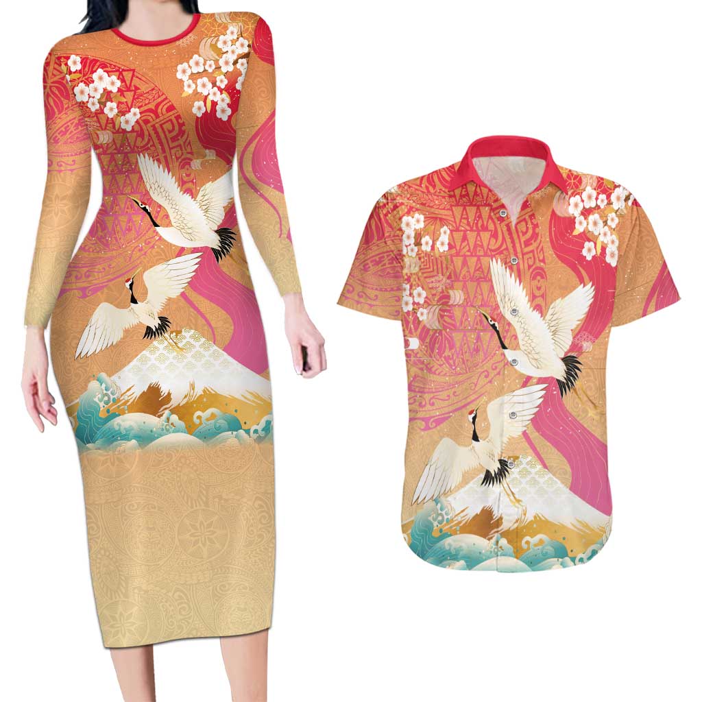 Hawaiian and Japanese Culture Together Couples Matching Long Sleeve Bodycon Dress and Hawaiian Shirt Kakau Art Tattoo with Cranes and Sakura Spring Vibe LT03 Multicolor - Polynesian Pride