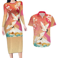 Hawaiian and Japanese Culture Together Couples Matching Long Sleeve Bodycon Dress and Hawaiian Shirt Kakau Art Tattoo with Cranes and Sakura Spring Vibe LT03 Multicolor - Polynesian Pride