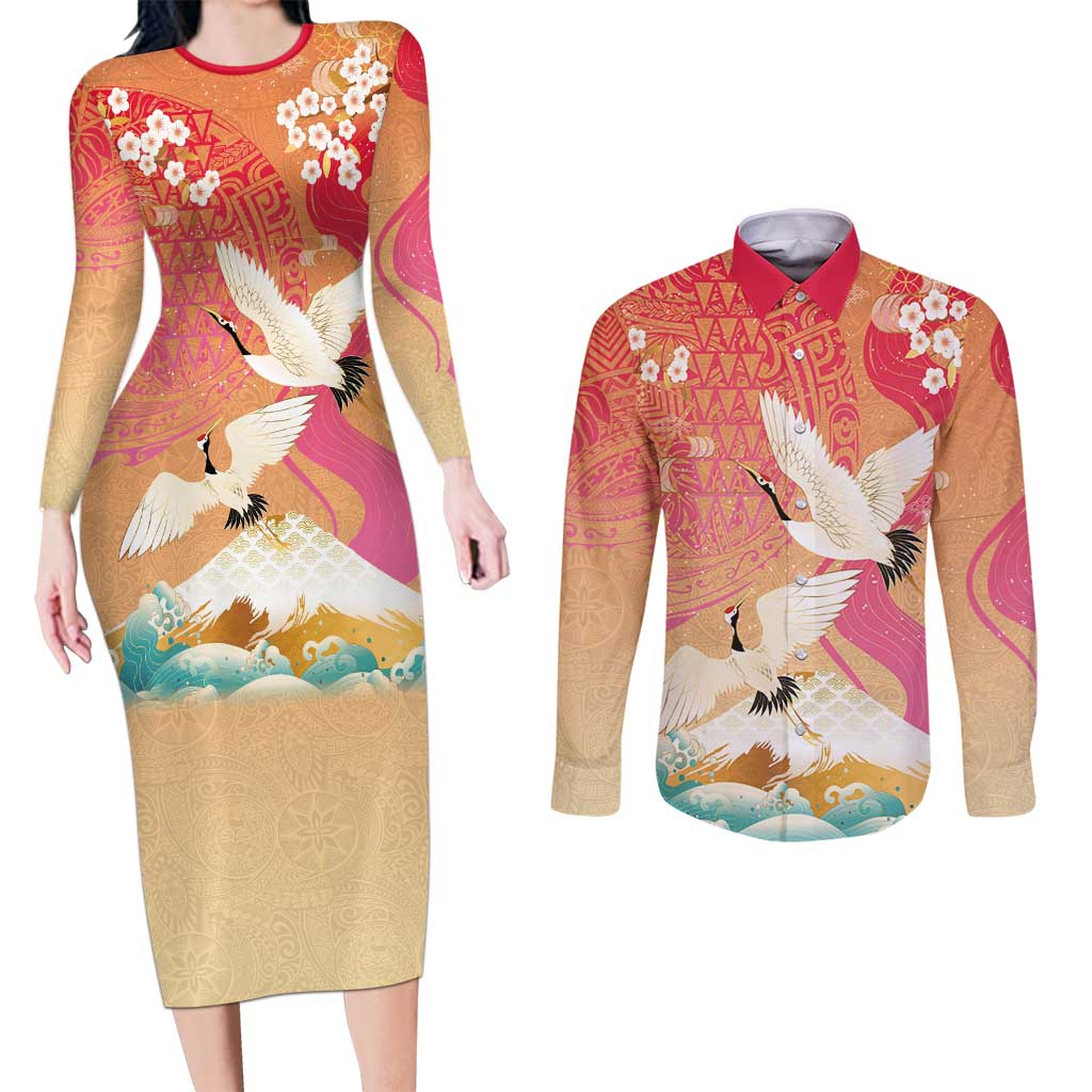 Hawaiian and Japanese Culture Together Couples Matching Long Sleeve Bodycon Dress and Long Sleeve Button Shirt Kakau Art Tattoo with Cranes and Sakura Spring Vibe LT03 Multicolor - Polynesian Pride