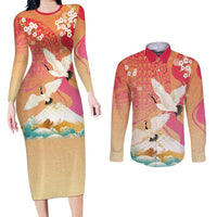 Hawaiian and Japanese Culture Together Couples Matching Long Sleeve Bodycon Dress and Long Sleeve Button Shirt Kakau Art Tattoo with Cranes and Sakura Spring Vibe LT03 Multicolor - Polynesian Pride