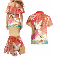 Hawaiian and Japanese Culture Together Couples Matching Mermaid Dress and Hawaiian Shirt Kakau Art Tattoo with Cranes and Sakura Spring Vibe LT03 - Polynesian Pride