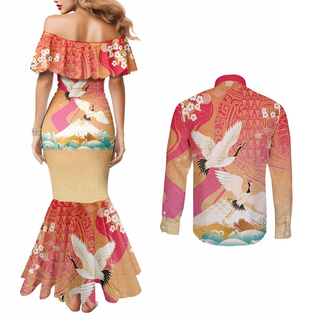 Hawaiian and Japanese Culture Together Couples Matching Mermaid Dress and Long Sleeve Button Shirt Kakau Art Tattoo with Cranes and Sakura Spring Vibe LT03 - Polynesian Pride