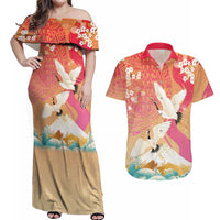 Hawaiian and Japanese Culture Together Couples Matching Off Shoulder Maxi Dress and Hawaiian Shirt Kakau Art Tattoo with Cranes and Sakura Spring Vibe LT03 Multicolor - Polynesian Pride