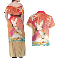 Hawaiian and Japanese Culture Together Couples Matching Off Shoulder Maxi Dress and Hawaiian Shirt Kakau Art Tattoo with Cranes and Sakura Spring Vibe LT03 - Polynesian Pride