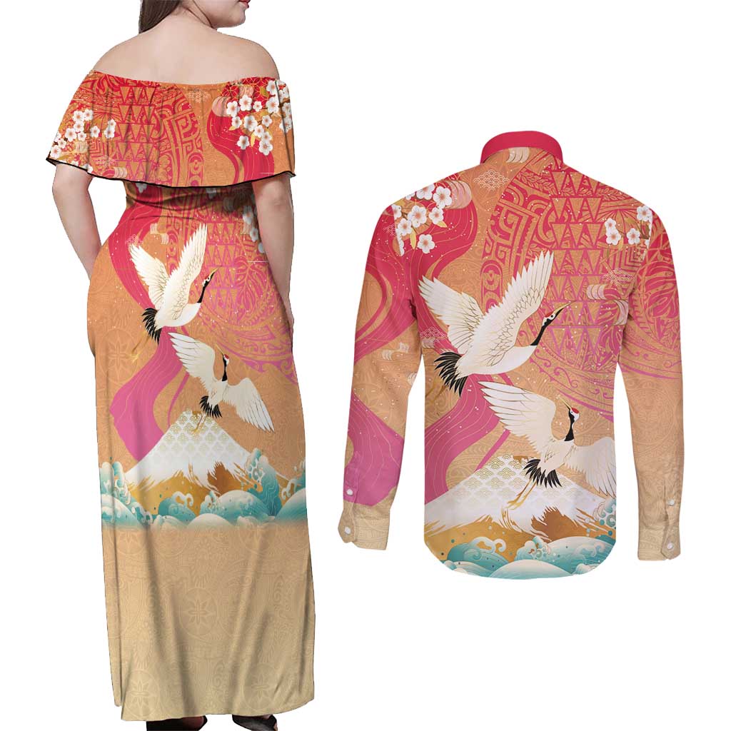 Hawaiian and Japanese Culture Together Couples Matching Off Shoulder Maxi Dress and Long Sleeve Button Shirt Kakau Art Tattoo with Cranes and Sakura Spring Vibe LT03 - Polynesian Pride