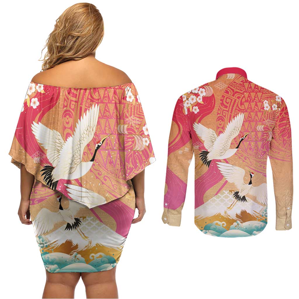 Hawaiian and Japanese Culture Together Couples Matching Off Shoulder Short Dress and Long Sleeve Button Shirt Kakau Art Tattoo with Cranes and Sakura Spring Vibe LT03 - Polynesian Pride
