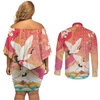 Hawaiian and Japanese Culture Together Couples Matching Off Shoulder Short Dress and Long Sleeve Button Shirt Kakau Art Tattoo with Cranes and Sakura Spring Vibe LT03 - Polynesian Pride