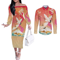Hawaiian and Japanese Culture Together Couples Matching Off The Shoulder Long Sleeve Dress and Long Sleeve Button Shirt Kakau Art Tattoo with Cranes and Sakura Spring Vibe LT03 Multicolor - Polynesian Pride