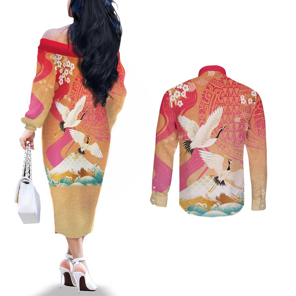 Hawaiian and Japanese Culture Together Couples Matching Off The Shoulder Long Sleeve Dress and Long Sleeve Button Shirt Kakau Art Tattoo with Cranes and Sakura Spring Vibe LT03 - Polynesian Pride