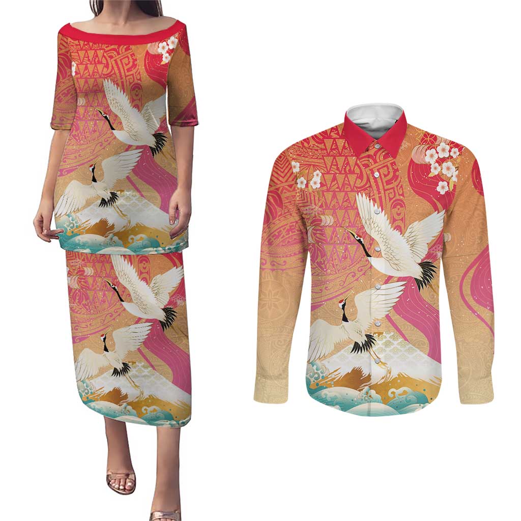 Hawaiian and Japanese Culture Together Couples Matching Puletasi and Long Sleeve Button Shirt Kakau Art Tattoo with Cranes and Sakura Spring Vibe - Polynesian Pride