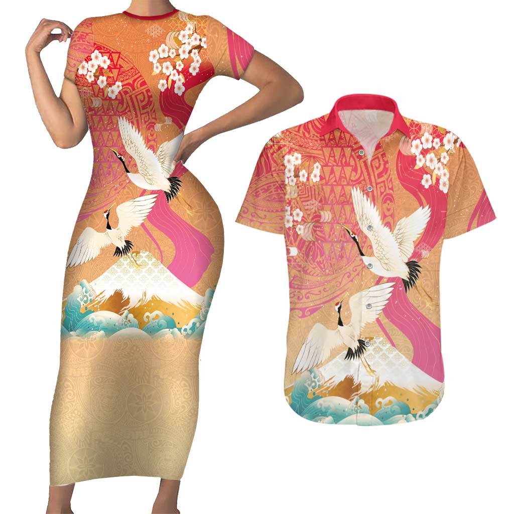 Hawaiian and Japanese Culture Together Couples Matching Short Sleeve Bodycon Dress and Hawaiian Shirt Kakau Art Tattoo with Cranes and Sakura Spring Vibe LT03 Multicolor - Polynesian Pride