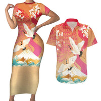 Hawaiian and Japanese Culture Together Couples Matching Short Sleeve Bodycon Dress and Hawaiian Shirt Kakau Art Tattoo with Cranes and Sakura Spring Vibe LT03 Multicolor - Polynesian Pride
