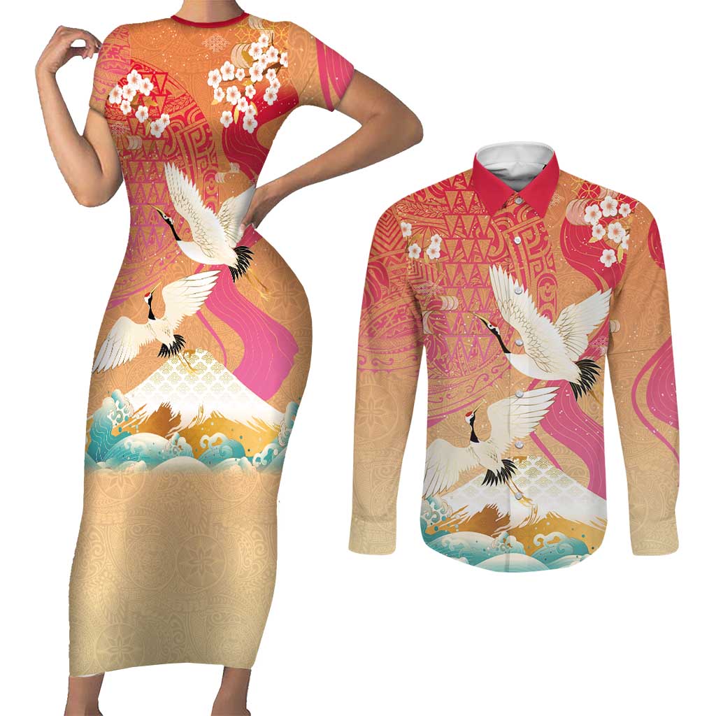 Hawaiian and Japanese Culture Together Couples Matching Short Sleeve Bodycon Dress and Long Sleeve Button Shirt Kakau Art Tattoo with Cranes and Sakura Spring Vibe - Polynesian Pride