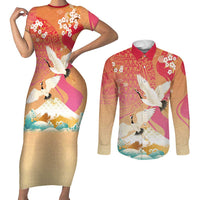Hawaiian and Japanese Culture Together Couples Matching Short Sleeve Bodycon Dress and Long Sleeve Button Shirt Kakau Art Tattoo with Cranes and Sakura Spring Vibe LT03 Multicolor - Polynesian Pride