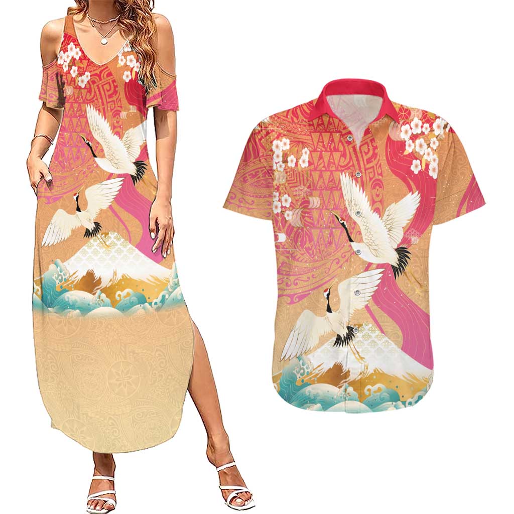 Hawaiian and Japanese Culture Together Couples Matching Summer Maxi Dress and Hawaiian Shirt Kakau Art Tattoo with Cranes and Sakura Spring Vibe LT03 Multicolor - Polynesian Pride