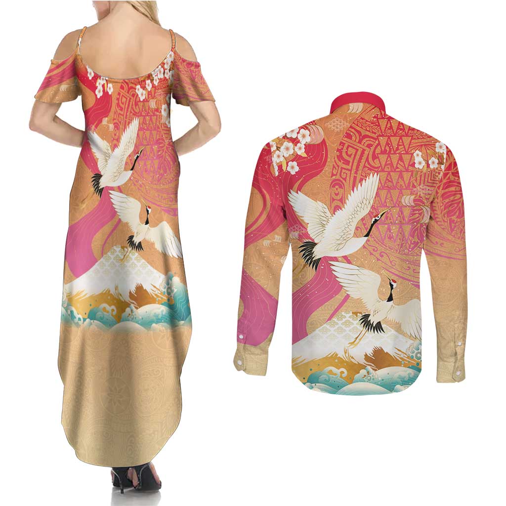 Hawaiian and Japanese Culture Together Couples Matching Summer Maxi Dress and Long Sleeve Button Shirt Kakau Art Tattoo with Cranes and Sakura Spring Vibe LT03 - Polynesian Pride