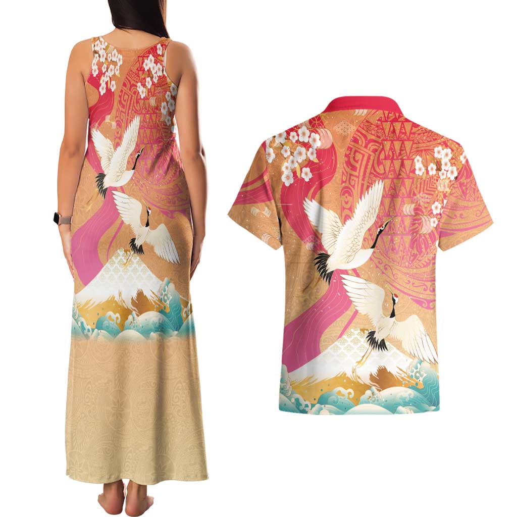 Hawaiian and Japanese Culture Together Couples Matching Tank Maxi Dress and Hawaiian Shirt Kakau Art Tattoo with Cranes and Sakura Spring Vibe LT03 - Polynesian Pride