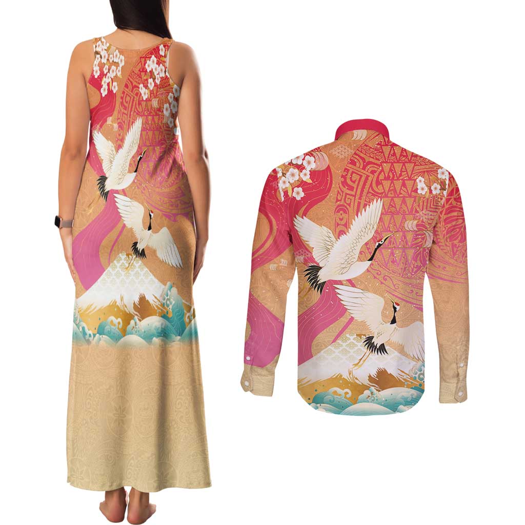 Hawaiian and Japanese Culture Together Couples Matching Tank Maxi Dress and Long Sleeve Button Shirt Kakau Art Tattoo with Cranes and Sakura Spring Vibe LT03 - Polynesian Pride