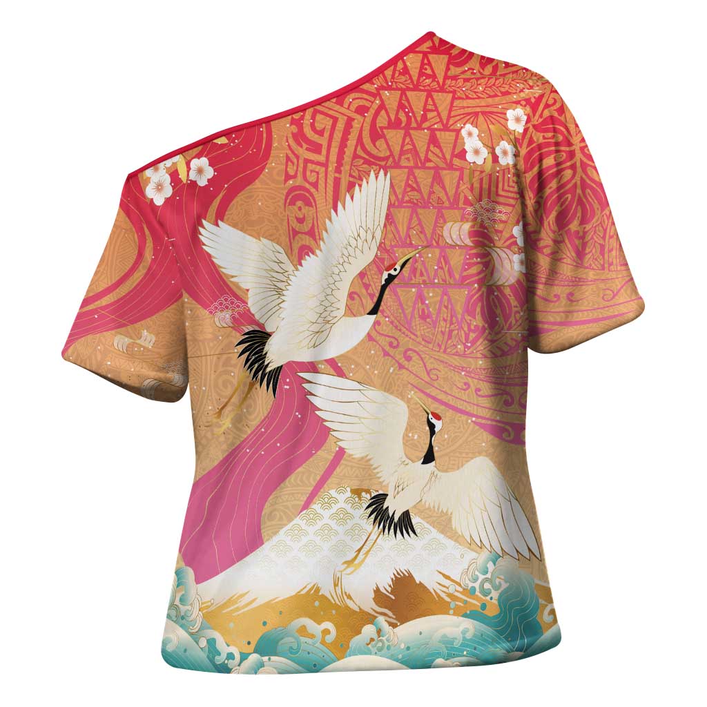 Hawaiian and Japanese Culture Together Cross Shoulder Shirt Kakau Art Tattoo with Cranes and Sakura Spring Vibe LT03 - Polynesian Pride
