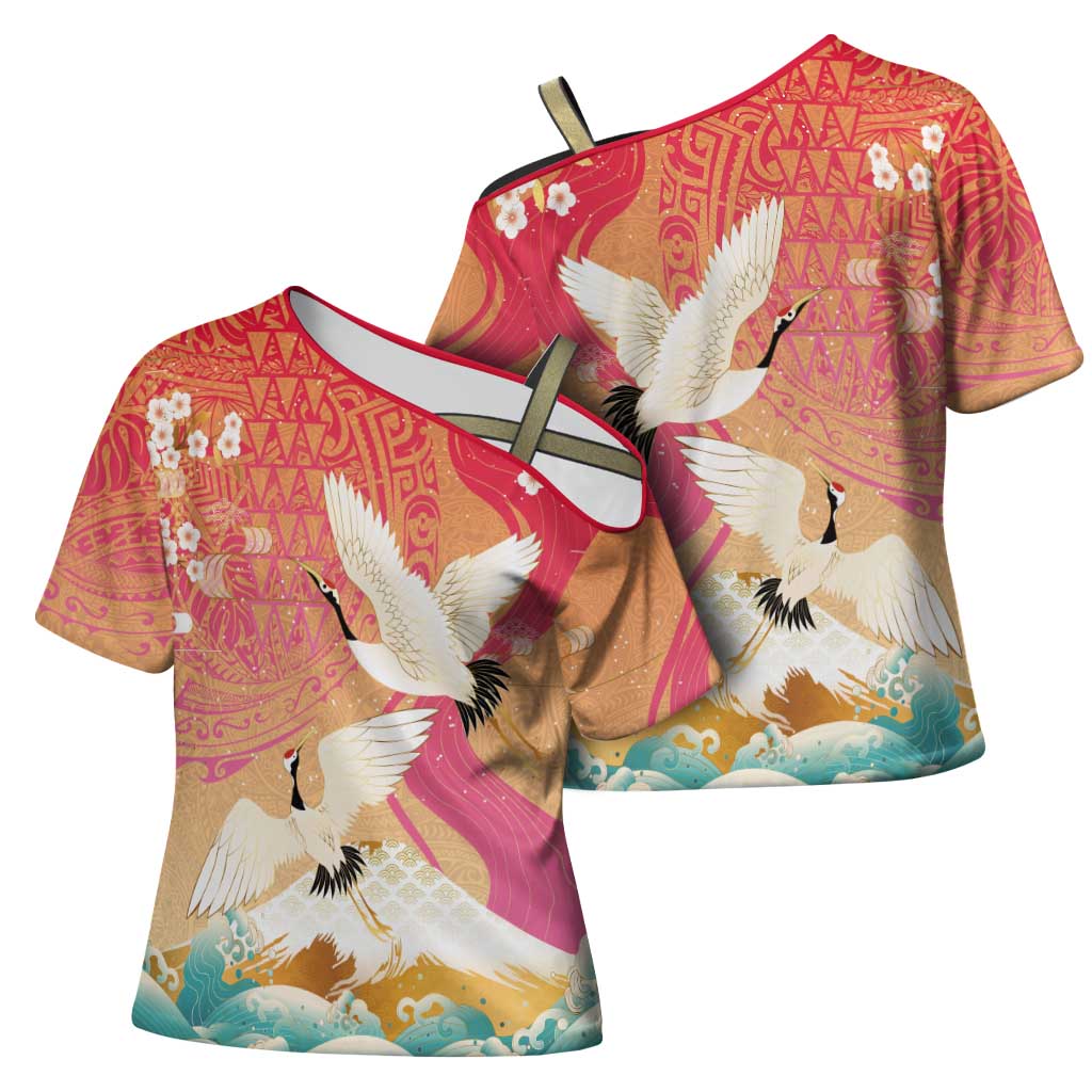 Hawaiian and Japanese Culture Together Cross Shoulder Shirt Kakau Art Tattoo with Cranes and Sakura Spring Vibe LT03 - Polynesian Pride