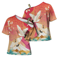Hawaiian and Japanese Culture Together Cross Shoulder Shirt Kakau Art Tattoo with Cranes and Sakura Spring Vibe LT03 - Polynesian Pride