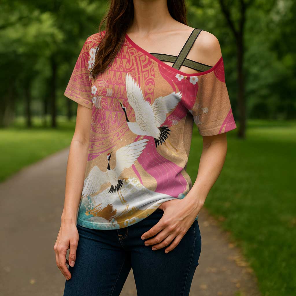 Hawaiian and Japanese Culture Together Cross Shoulder Shirt Kakau Art Tattoo with Cranes and Sakura Spring Vibe LT03 - Polynesian Pride
