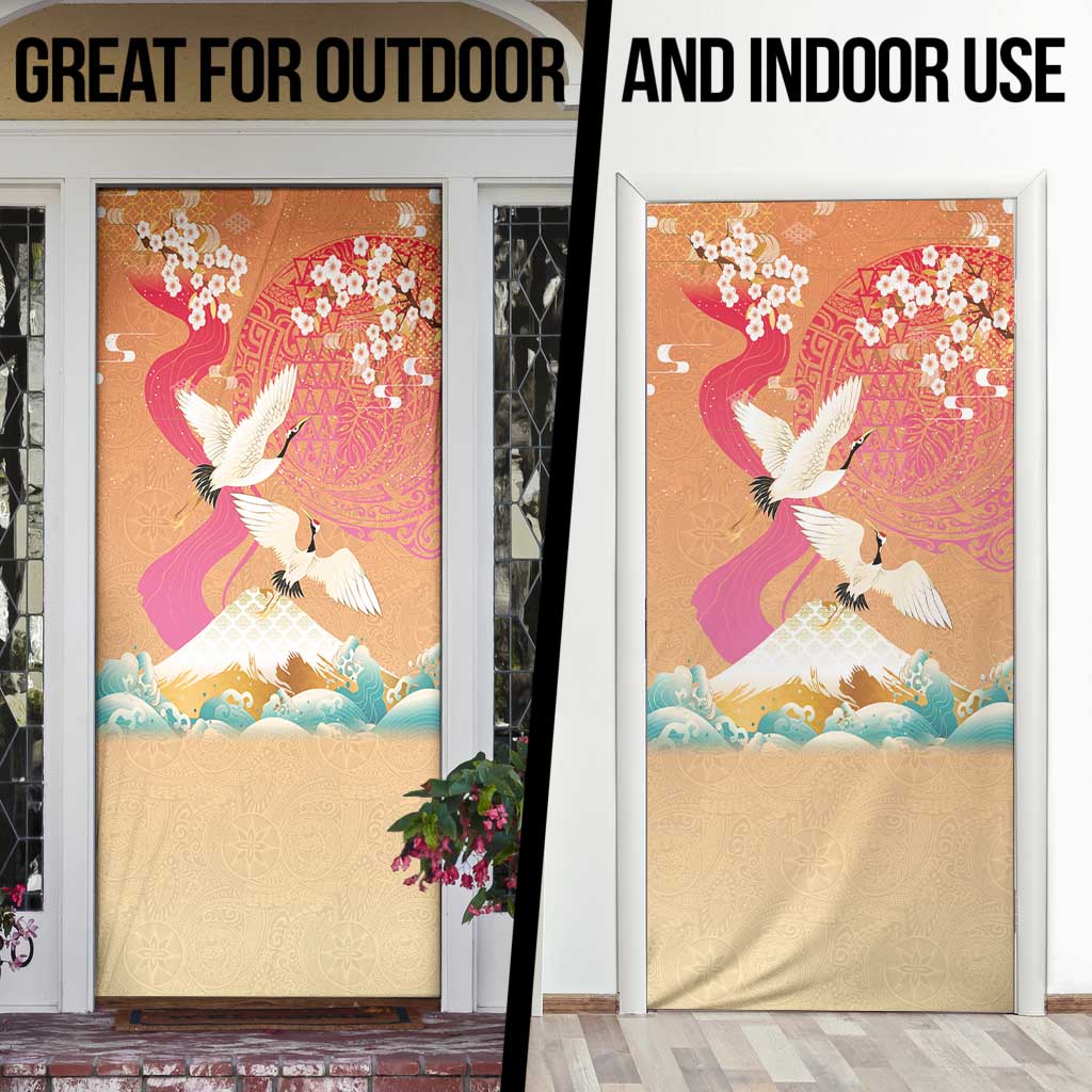 Hawaiian and Japanese Culture Together Door Cover Kakau Art Tattoo with Cranes and Sakura Spring Vibe LT03 - Polynesian Pride
