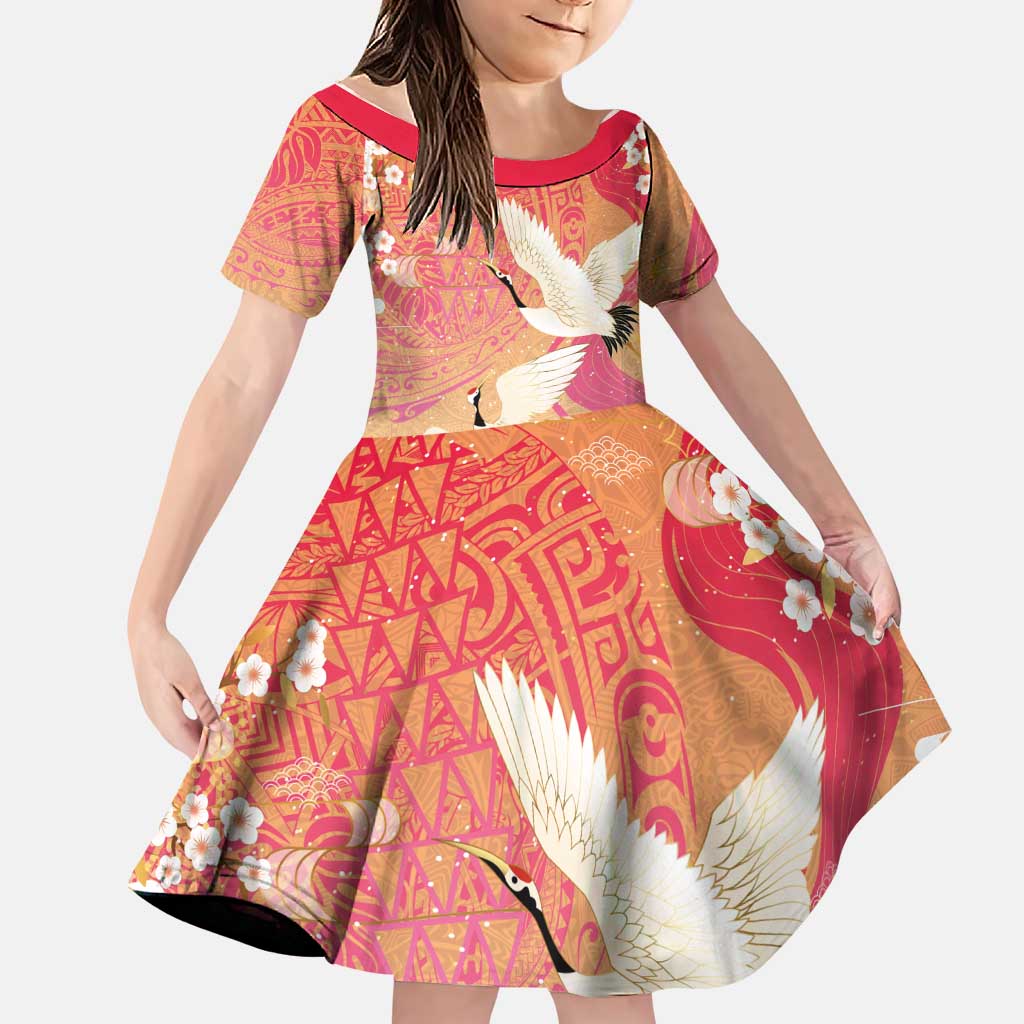 Hawaiian and Japanese Culture Together Family Matching Long Sleeve Bodycon Dress and Hawaiian Shirt Kakau Art Tattoo with Cranes and Sakura Spring Vibe LT03 Daughter's Dress Multicolor - Polynesian Pride