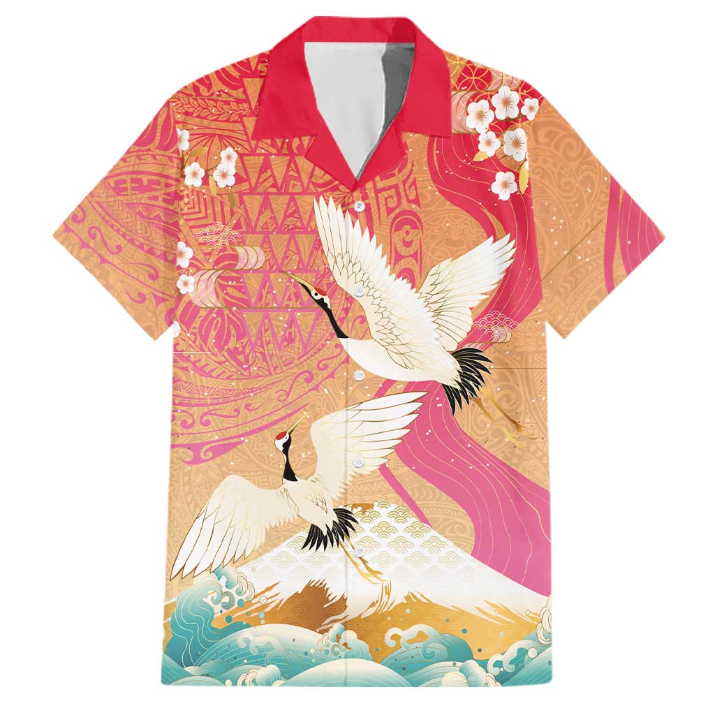 Hawaiian and Japanese Culture Together Family Matching Long Sleeve Bodycon Dress and Hawaiian Shirt Kakau Art Tattoo with Cranes and Sakura Spring Vibe LT03 Dad's Shirt - Short Sleeve Multicolor - Polynesian Pride