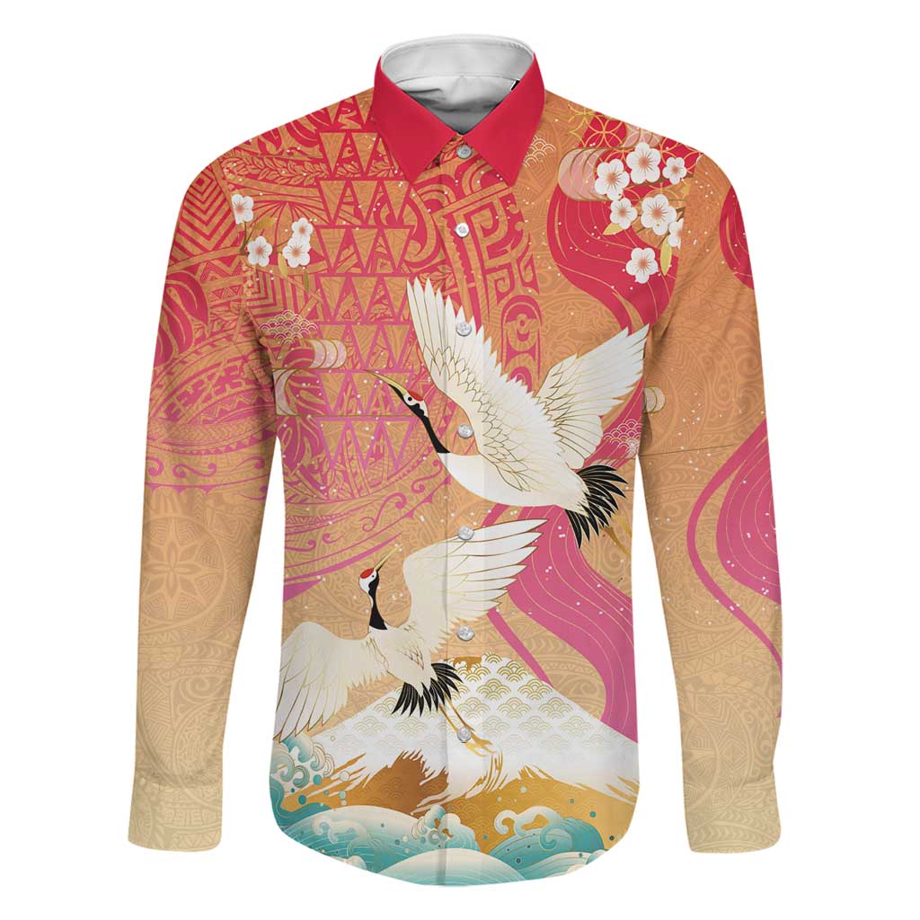Hawaiian and Japanese Culture Together Family Matching Long Sleeve Bodycon Dress and Hawaiian Shirt Kakau Art Tattoo with Cranes and Sakura Spring Vibe LT03 Dad's Shirt - Long Sleeve Multicolor - Polynesian Pride