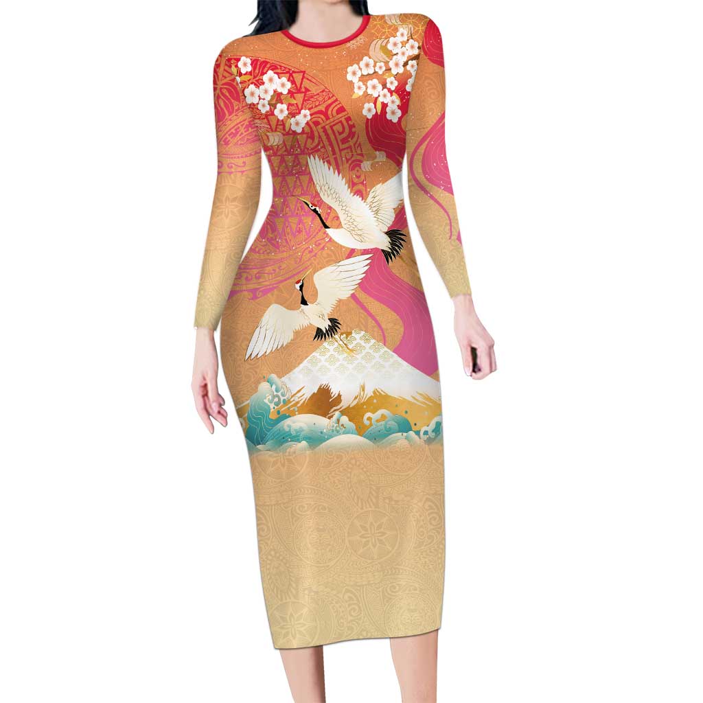 Hawaiian and Japanese Culture Together Family Matching Long Sleeve Bodycon Dress and Hawaiian Shirt Kakau Art Tattoo with Cranes and Sakura Spring Vibe LT03 Mom's Dress Multicolor - Polynesian Pride
