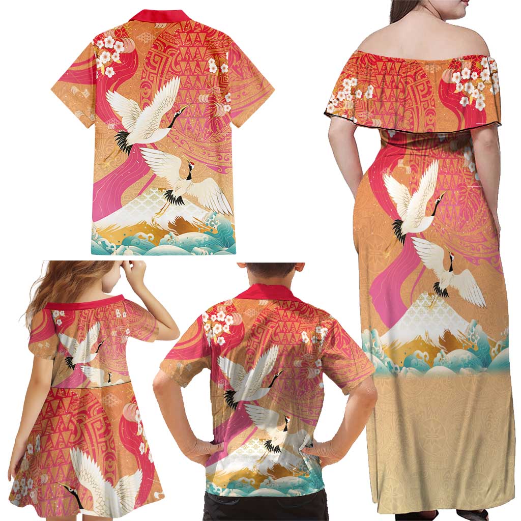 Hawaiian and Japanese Culture Together Family Matching Off Shoulder Maxi Dress and Hawaiian Shirt Kakau Art Tattoo with Cranes and Sakura Spring Vibe LT03 - Polynesian Pride