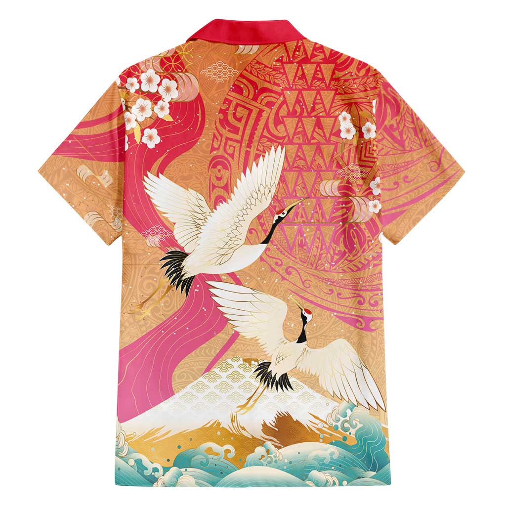 Hawaiian and Japanese Culture Together Family Matching Off Shoulder Maxi Dress and Hawaiian Shirt Kakau Art Tattoo with Cranes and Sakura Spring Vibe LT03 - Polynesian Pride
