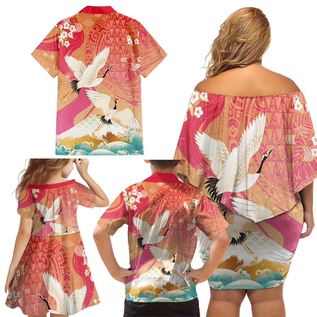 Hawaiian and Japanese Culture Together Family Matching Off Shoulder Short Dress and Hawaiian Shirt Kakau Art Tattoo with Cranes and Sakura Spring Vibe LT03 - Polynesian Pride