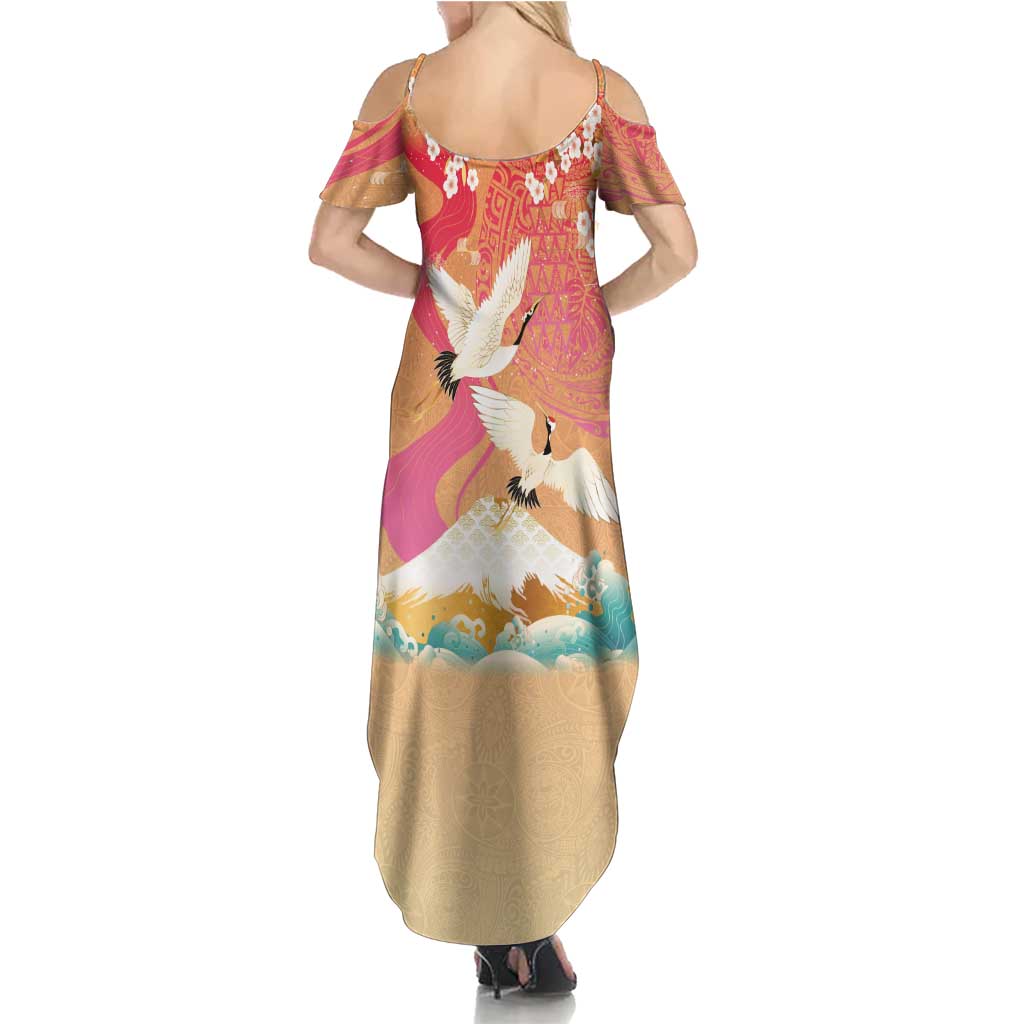 Hawaiian and Japanese Culture Together Family Matching Summer Maxi Dress and Hawaiian Shirt Kakau Art Tattoo with Cranes and Sakura Spring Vibe LT03 - Polynesian Pride