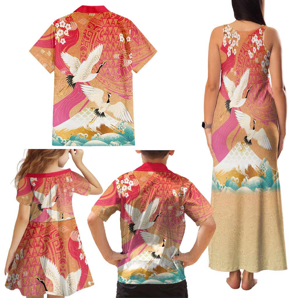 Hawaiian and Japanese Culture Together Family Matching Tank Maxi Dress and Hawaiian Shirt Kakau Art Tattoo with Cranes and Sakura Spring Vibe LT03 - Polynesian Pride