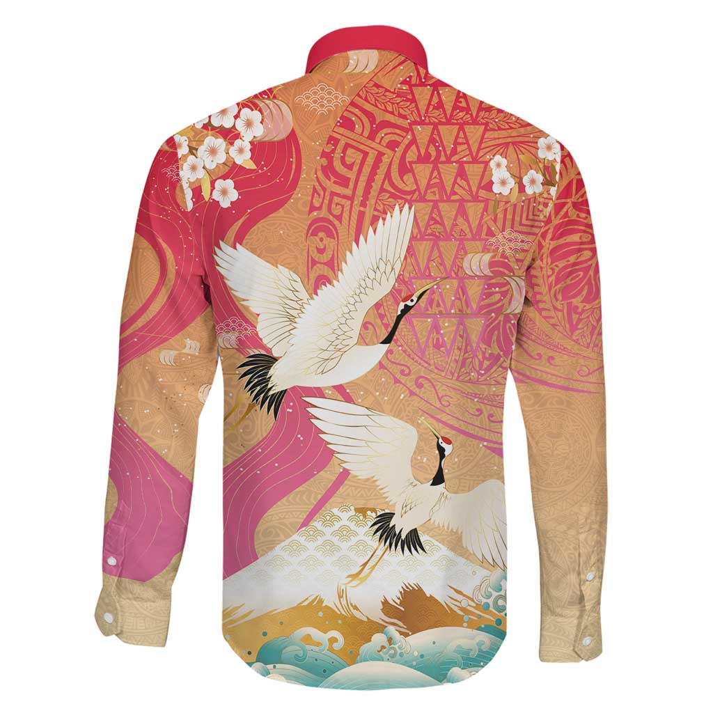 Hawaiian and Japanese Culture Together Family Matching Tank Maxi Dress and Hawaiian Shirt Kakau Art Tattoo with Cranes and Sakura Spring Vibe LT03 - Polynesian Pride