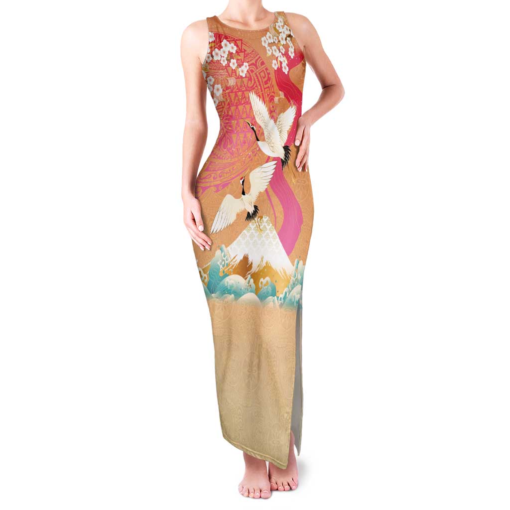 Hawaiian and Japanese Culture Together Family Matching Tank Maxi Dress and Hawaiian Shirt Kakau Art Tattoo with Cranes and Sakura Spring Vibe LT03 Mom's Dress Multicolor - Polynesian Pride