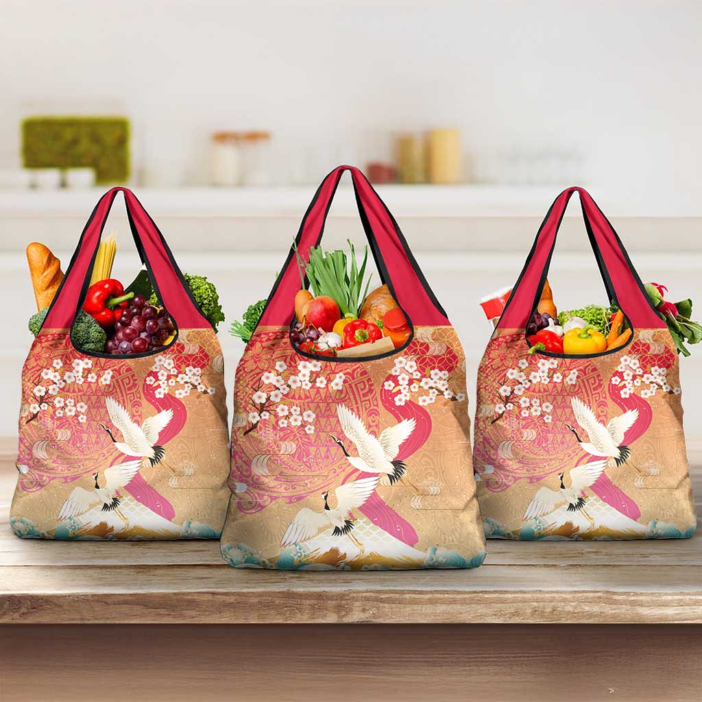 Hawaiian and Japanese Culture Together Grocery Bag Kakau Art Tattoo with Cranes and Sakura Spring Vibe - Polynesian Pride